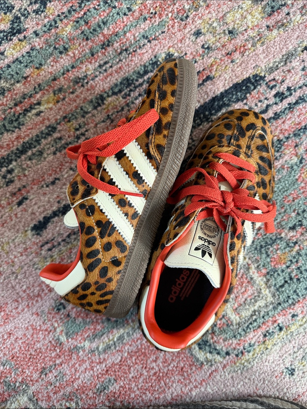 adidas Samba Leopard-Print Pony Hair Sneakers with White Stripes and Red Laces